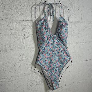 Cotton On Halter Deep V One Piece Brazilian bottom, blue floral Medium $50